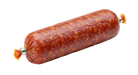 A whole salami sausage in plastic packaging.