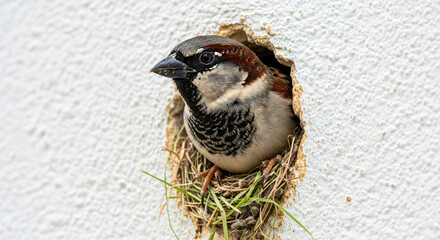 A sparrow looks out from a hole in a white wall.