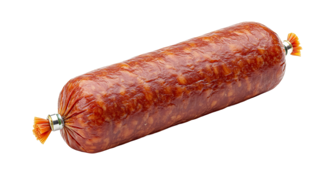 A whole salami sausage in plastic packaging.