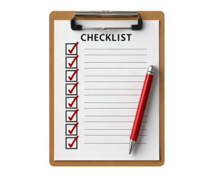 Checklist sheet with red pen on brown clipboard, minimalistic productivity concept, organized planning, blank lines for tasks, isolated on transparency background, efficient and clean design