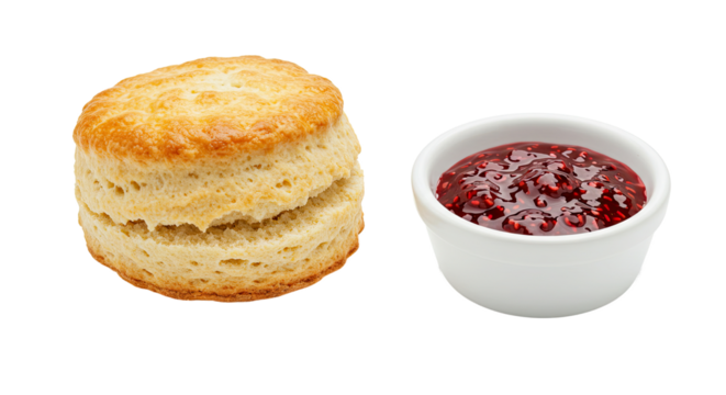 Classic golden brown buttermilk biscuit with a side of strawberry jam.
