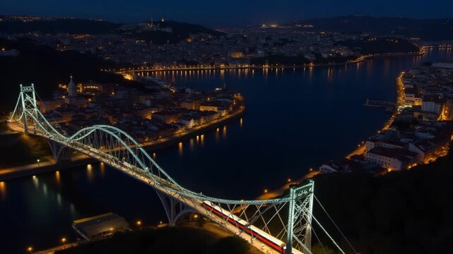 Illuminated Porto City, Douro River and Dom Luis bridge I with Tram. View from Tourist Viewpoint Miradouro da Serra do Pilar at Night. Portugal