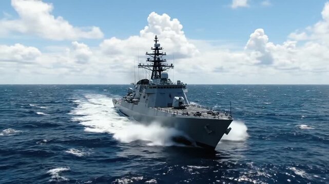 Modern naval vessel sailing on the open sea under a cloudy sky