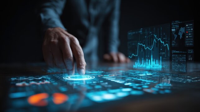 Ai Businessman working with modern interface Business analytics Big data technology and data science. Data flow concept.Business computing digital composite.