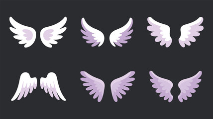 Six Pairs Of Cartoon Angel Wings In White And Purple Hues illustration graphic