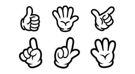 Six Black And White Cartoon Hand Gestures On White Background