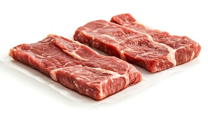 Obraz premium Three Fresh Raw Beef Steaks Showing Marbling Detail on a White Surface