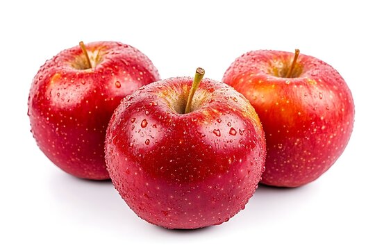 Three Fresh Red Apples with Water Droplets on a White Background. 80 characters