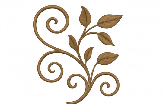 Wood carving ornament showing a decorative floral flourish with scrolling leaves and elegant plant details on transparent background