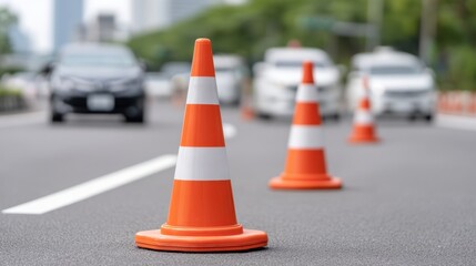 Traffic cones lined up on a busy city street guiding vehicles safely through construction zones and road maintenance areas providing urban landscape view