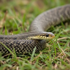 Fototapeta premium Detailed close-up of a snake with intricate scales and yellow head markings, slithering through vibrant green grass in its natural habitat, captured with shallow depth of field.
