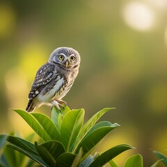 Small Owl Perched on Leaves in Sunlight.