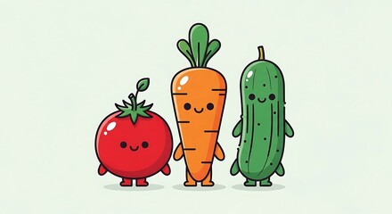 Cute Cartoon Vegetables - Tomatoes, Carrots, and Cucumbers.