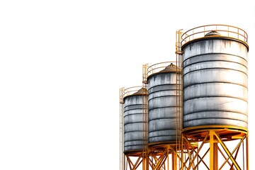 Three Industrial Silos with Yellow Support Structures Against a Bright White Background