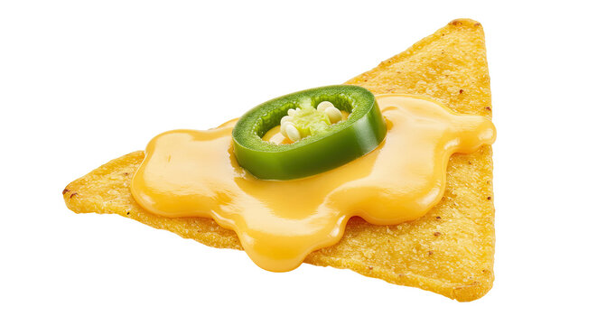 Delicious cheesy tortilla chip topped with a fresh jalapeno slice.