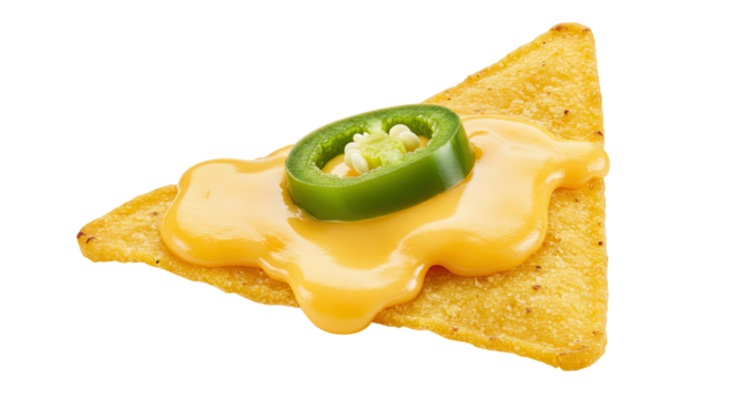Delicious cheesy tortilla chip topped with a fresh jalapeno slice.