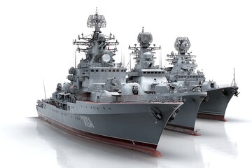 Three Modern Gray Warships Displaying Prominent Radar Systems and Naval Architecture on White