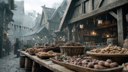 Vibrant marketplace scene medieval village photorealistic image foggy environment close-up view historical culture concept
