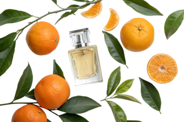 Aromatic mandarin perfume bottle surrounded by roses