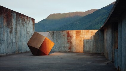 Rust-colored cube sculpture on a paved outdoor space.