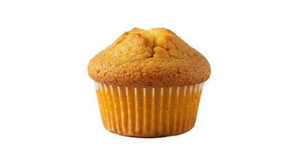 Delicious golden brown muffin in a yellow paper cup.