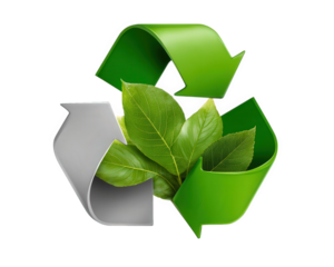 Recycling symbol green arrows with fresh green leaves in center, representing eco friendly, sustainable practices and environmental conservation, promoting clean and responsible lifestyle