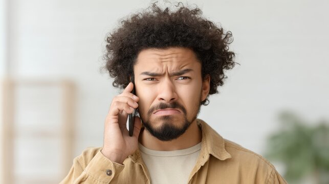 Concerned young man with curly hair making a telephone call and showing facial expressions of worry and confusion in a bright indoor setting - Powered by Adobe