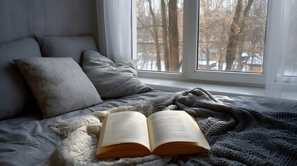 Cozy Bedroom Scene with Open Book and Natural Light from Window