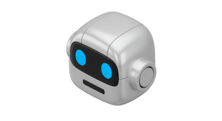 Cute Silver Robot Head with Blue Eyes on Transparent Background