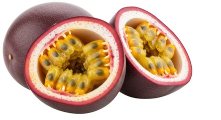 Passion fruit cut in half isolated on transparent background, healthy food concept