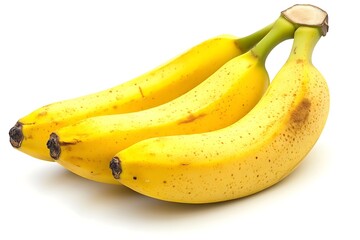 Three ripe yellow bananas bunch with brown spots isolated on a white background