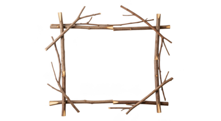 Rustic wooden frame made of tree branches isolated on transparent background