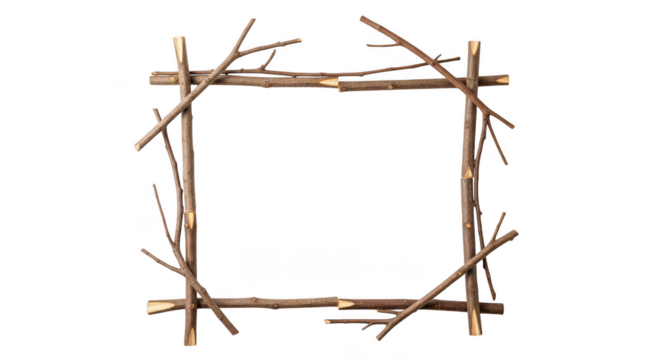 Rustic wooden frame made of tree branches isolated on transparent background