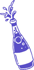 A stylized purple illustration of a champagne bottle popping open with a splash.