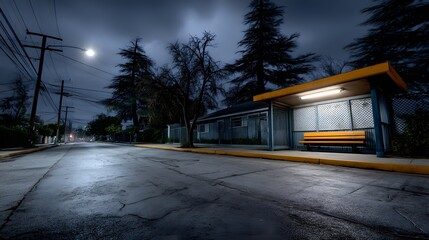 Quiet Night Bus Stop on Empty Street Surrounded by Trees