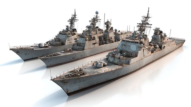 Three weathered US Navy Arleigh Burkeclass destroyers lined up in formation, isolated on white