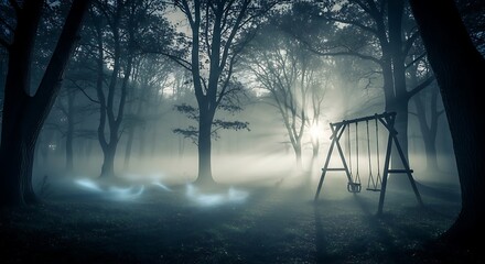 A swing set stands silently in a misty, dark forest, bathed in ethereal blue light, casting an eerie and melancholic mood.