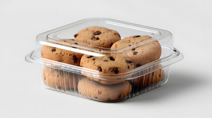 Clear plastic container filled with delicious chocolate chip cookies, showcasing tempting bakery treat. packaging is simple and practical, ideal for displaying or gifting