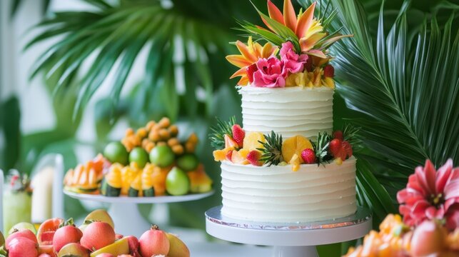 Tropical Delight: A Two-Tiered Wedding Cake Adorned with Exotic Fruits and Flowers