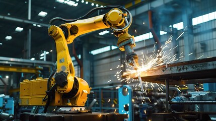 Metal processing robot with a sleek metallic arm, gripper end effector, and control base, operating in a manufacturing workshop to weld, cut, or assemble steel parts, connected to a control system and