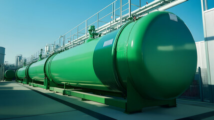 Green hydrogen storage tanks are aligned outdoors under clear blue sky, showcasing industrial infrastructure. tanks are cylindrical and painted in vibrant green, emphasizing sustainability