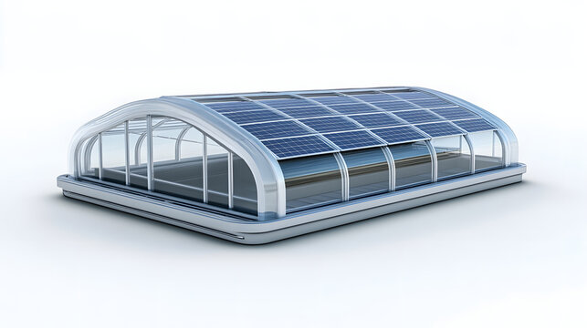 Futuristic transparent solar roof tile structure with sleek design, featuring curved glass panels and integrated solar cells, ideal for modern architecture and sustainable energy solutions