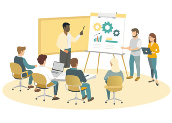 Diverse team in a modern office attending a business presentation and training session with a whiteboard and charts