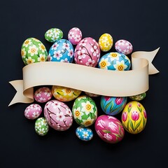 Hand-painted Easter eggs in vibrant colors and floral designs are arranged in a pleasing display, topped by a pale cream ribbon.