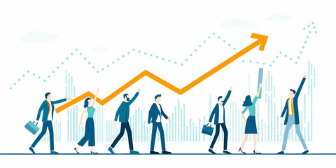 Diverse business people celebrating success and growth with a rising orange arrow graph and stock market charts