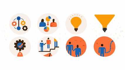 Collection of stylized icons representing business concepts like teamwork idea generation and process management