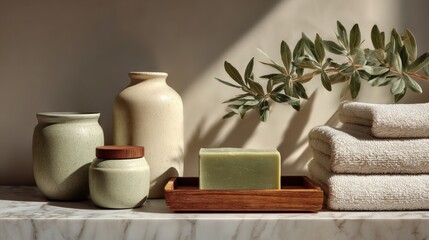 Green soap jar vase towels plant image