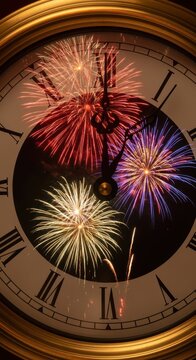 New years eve clock striking midnight with colorful fireworks exploding in the background, symbolizing celebration and the start of a new year