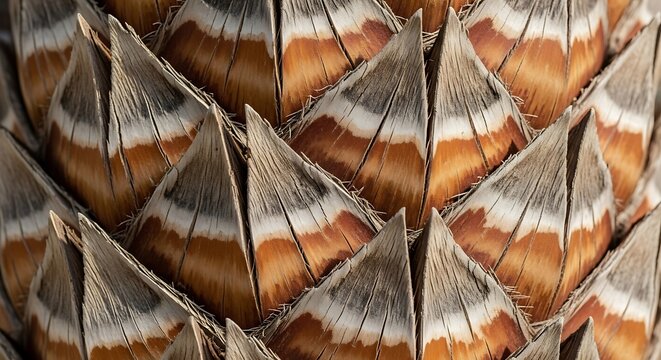 Detailed close-up view of a palm tree trunk's intricate, textured surface, showcasing a pattern of overlapping, triangular scales in rich brown, grey, and off-white tones.