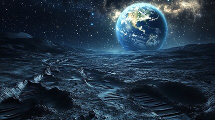 Tranquil Earth Globe View from Lunar Surface with Cratered Landscape and Starlit Sky